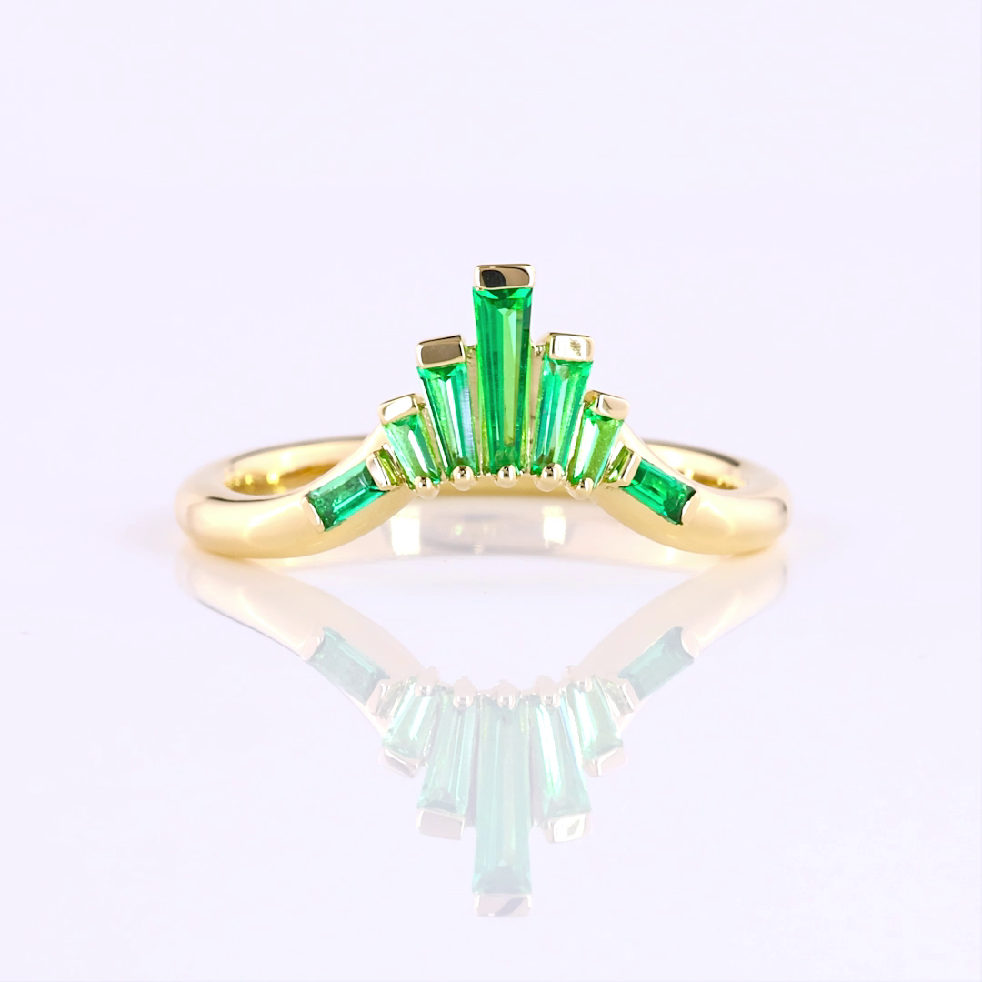 Tapered Baguette Green Emerald Half Bezel Seven Stone Band