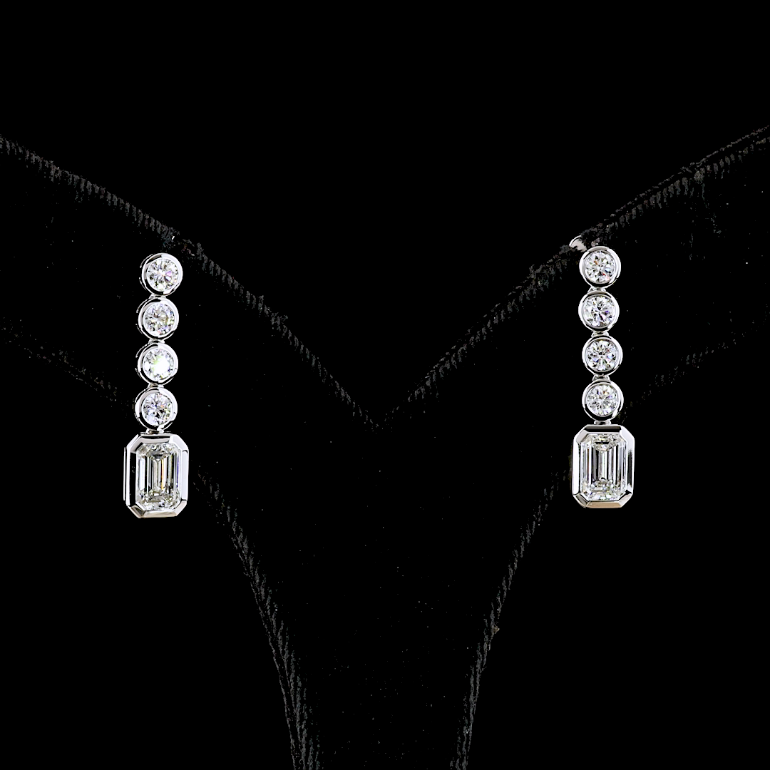 2-1/2ctw Bezel Emerald & Round Hanging Earrings