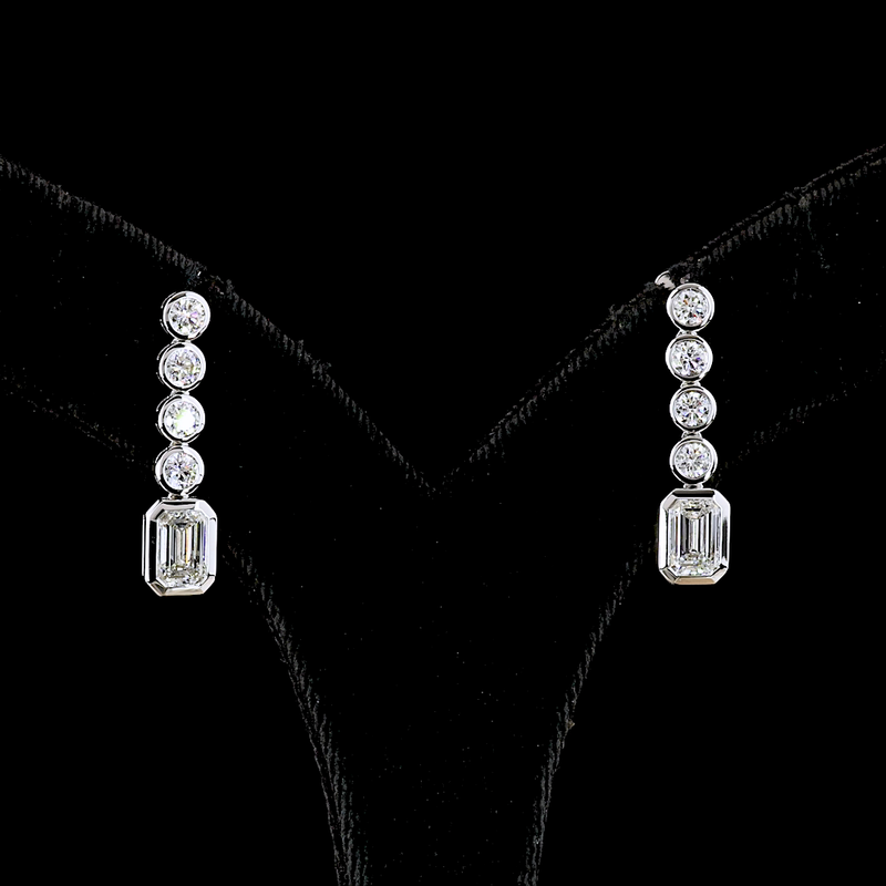 2-1/2ctw Bezel Emerald & Round Hanging Earrings