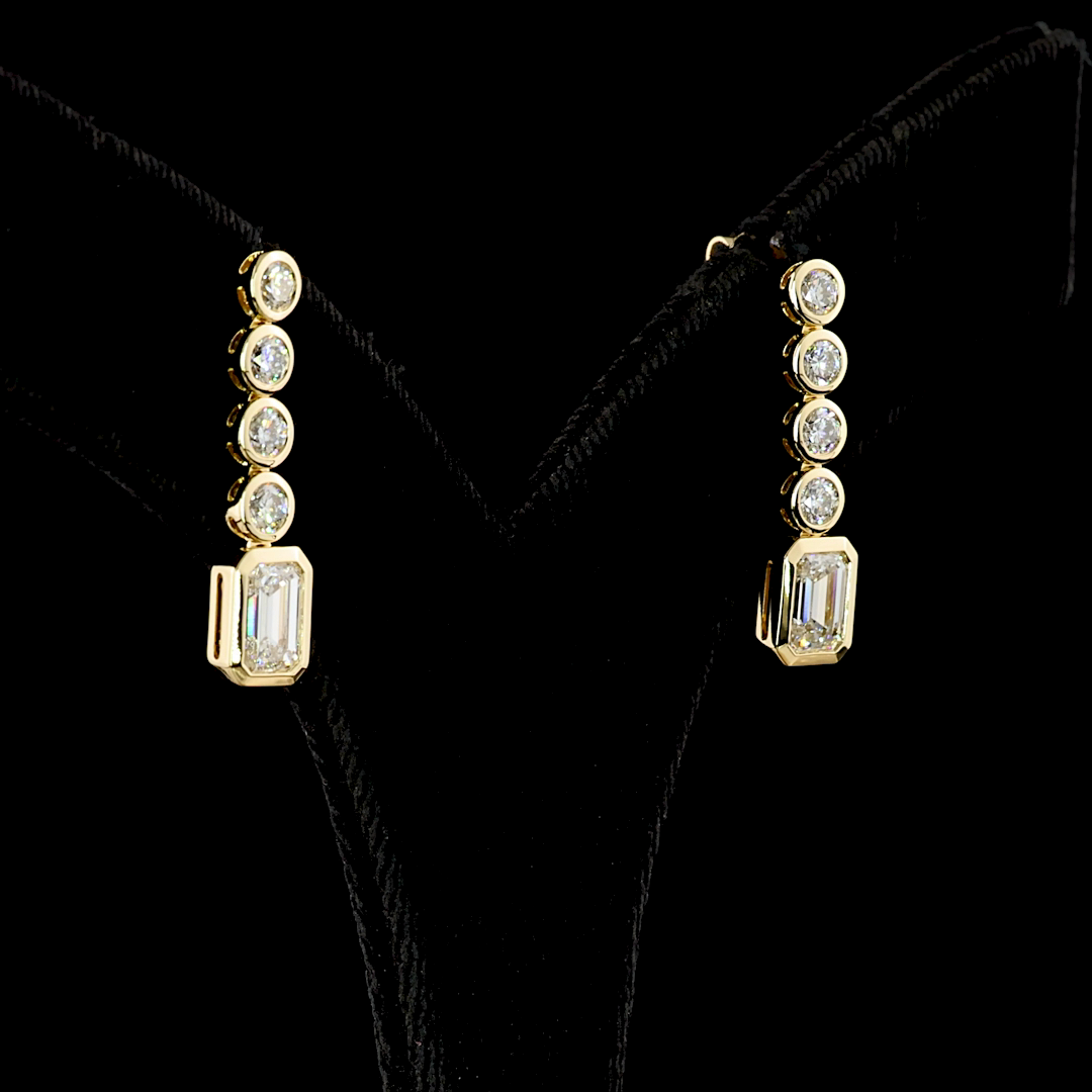 2-1/2ctw Bezel Emerald & Round Hanging Earrings
