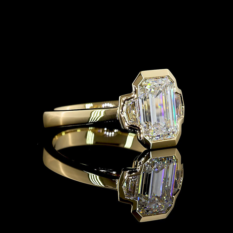 2ct Emerald Half Bezel Diamond Three Stone Engagement Ring