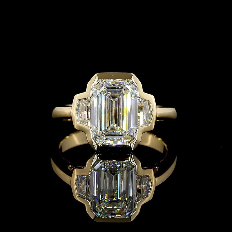 3ct Emerald Half Bezel Diamond Three Stone Engagement Ring