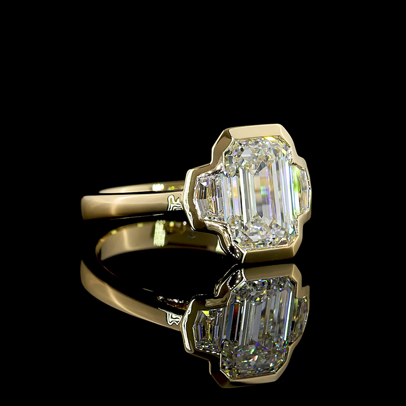 3ct Emerald Half Bezel Diamond Three Stone Engagement Ring