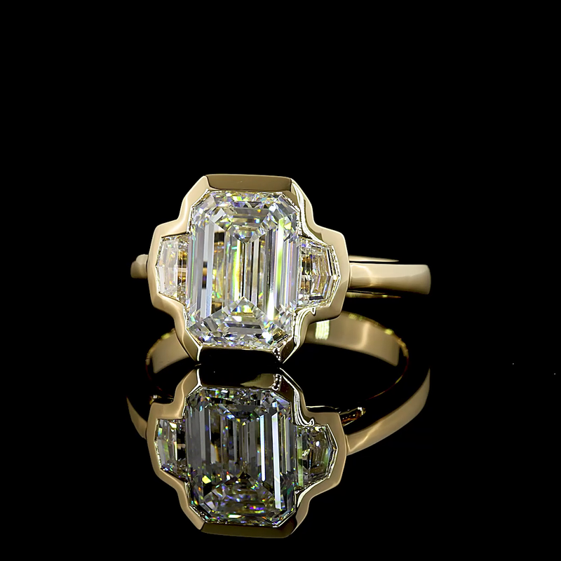 3ct Emerald Half Bezel Diamond Three Stone Engagement Ring