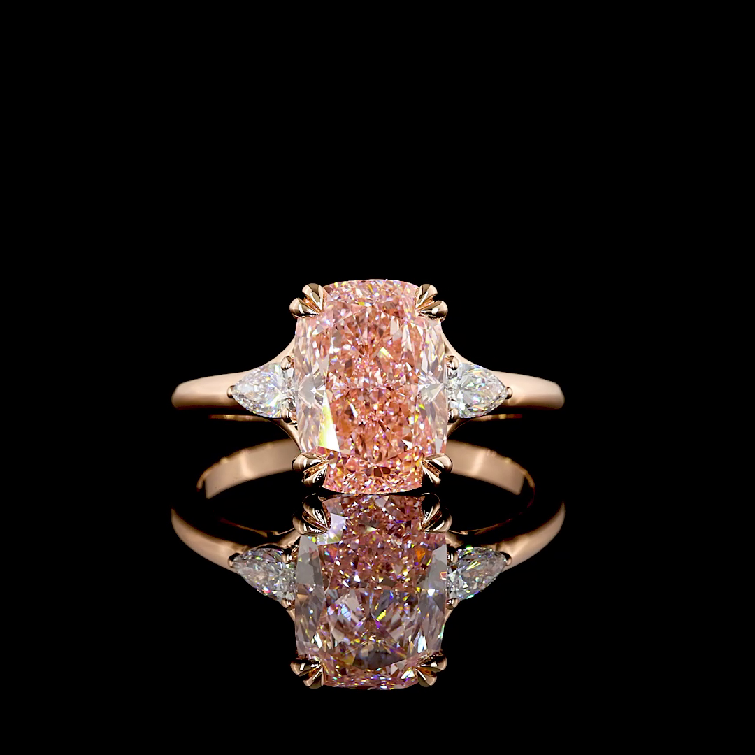 2-3/4ct Fancy Pink Cushion Three Stone Engagement Ring.