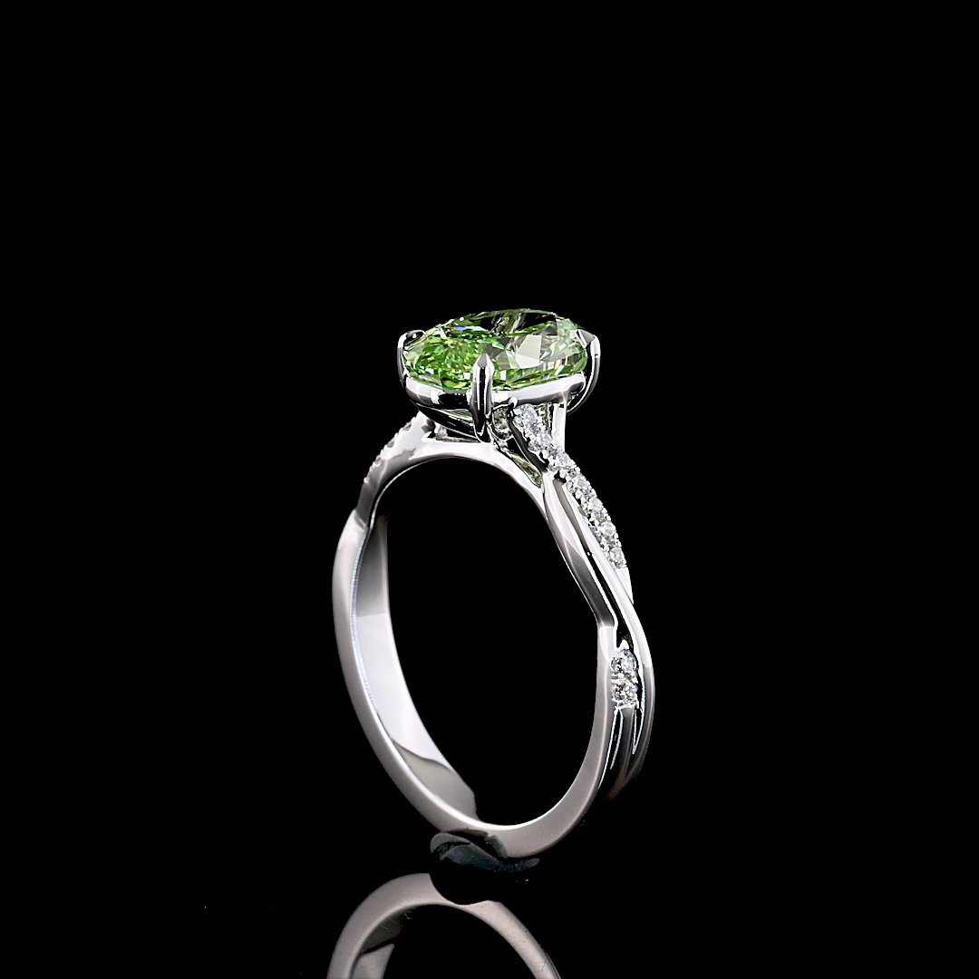 2ct Fancy Green Oval Diamond Shank Engagement Ring.