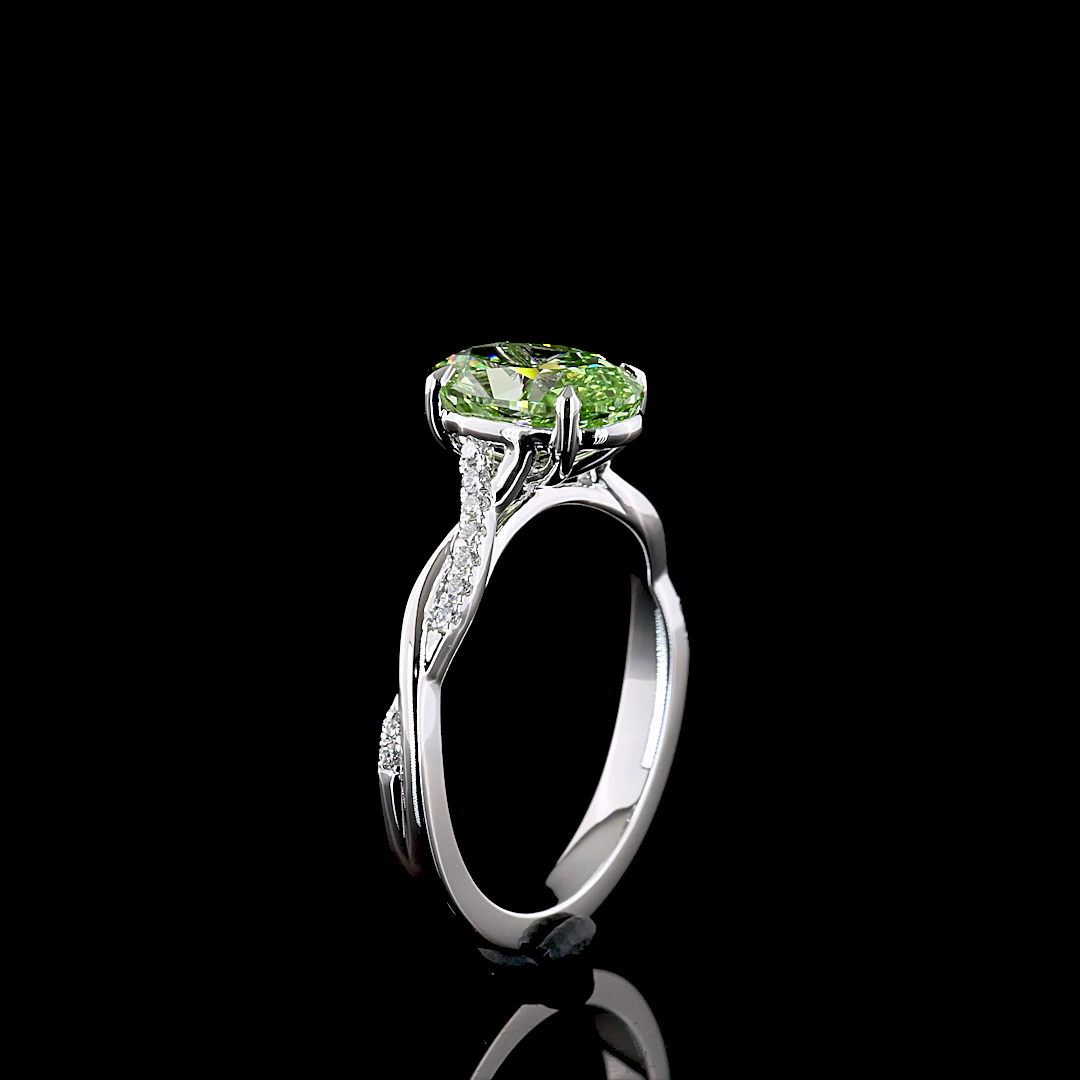 2ct Fancy Green Oval Diamond Shank Engagement Ring.