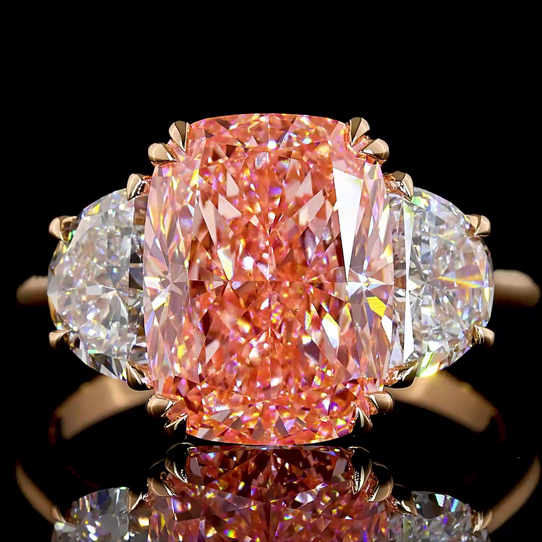 5ct Fancy Pink Cushion Three Stone Engagement Ring.