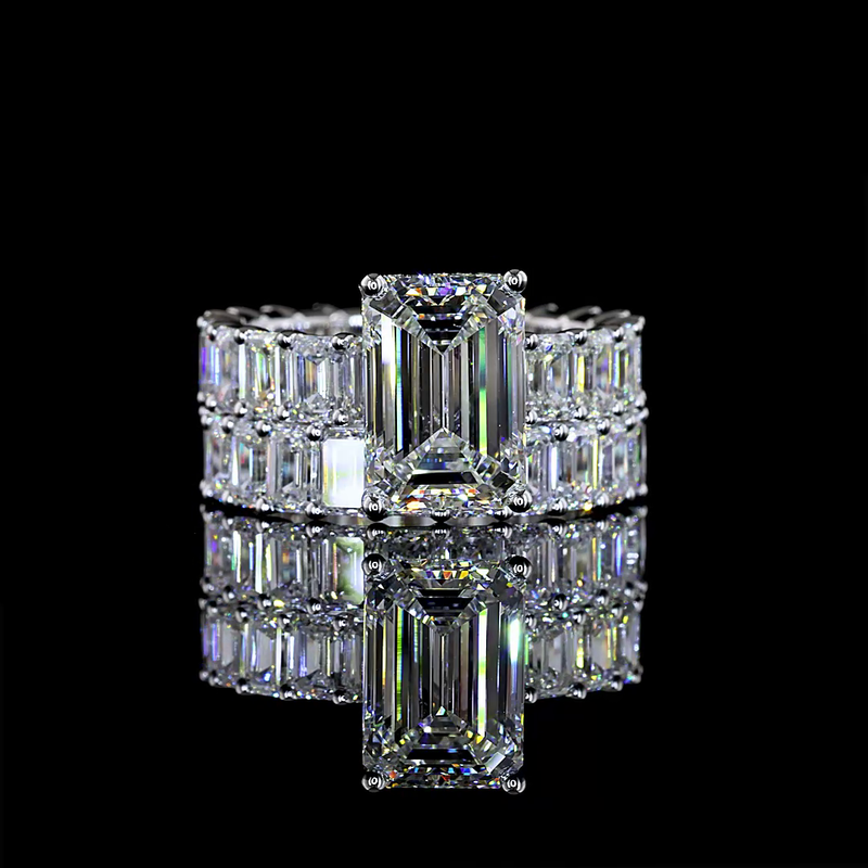 5ct Emerald Prong Hidden Halo Diamond Engagement Ring Set (13ctw)